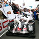 Romain Dumas and Marc Lieb celebrate their 24 Hours of Le Mans win. Photo credit: Porsche